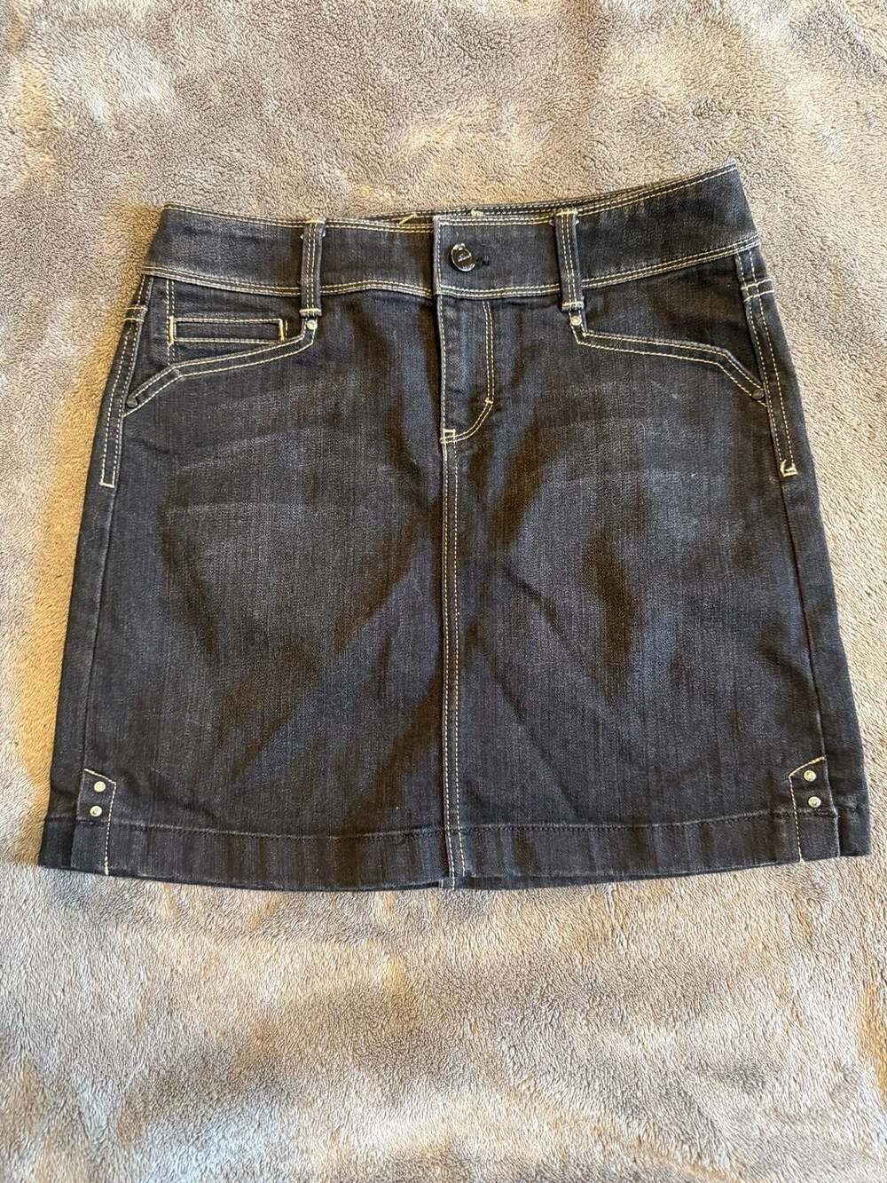 White House Black Market Dark Wash Denim Mini Skirt with Studded Pockets